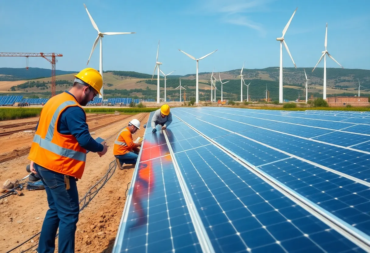 Construction site of a renewable energy project with solar panels and workers.