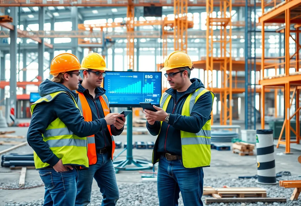 Workers using technology in sustainable construction