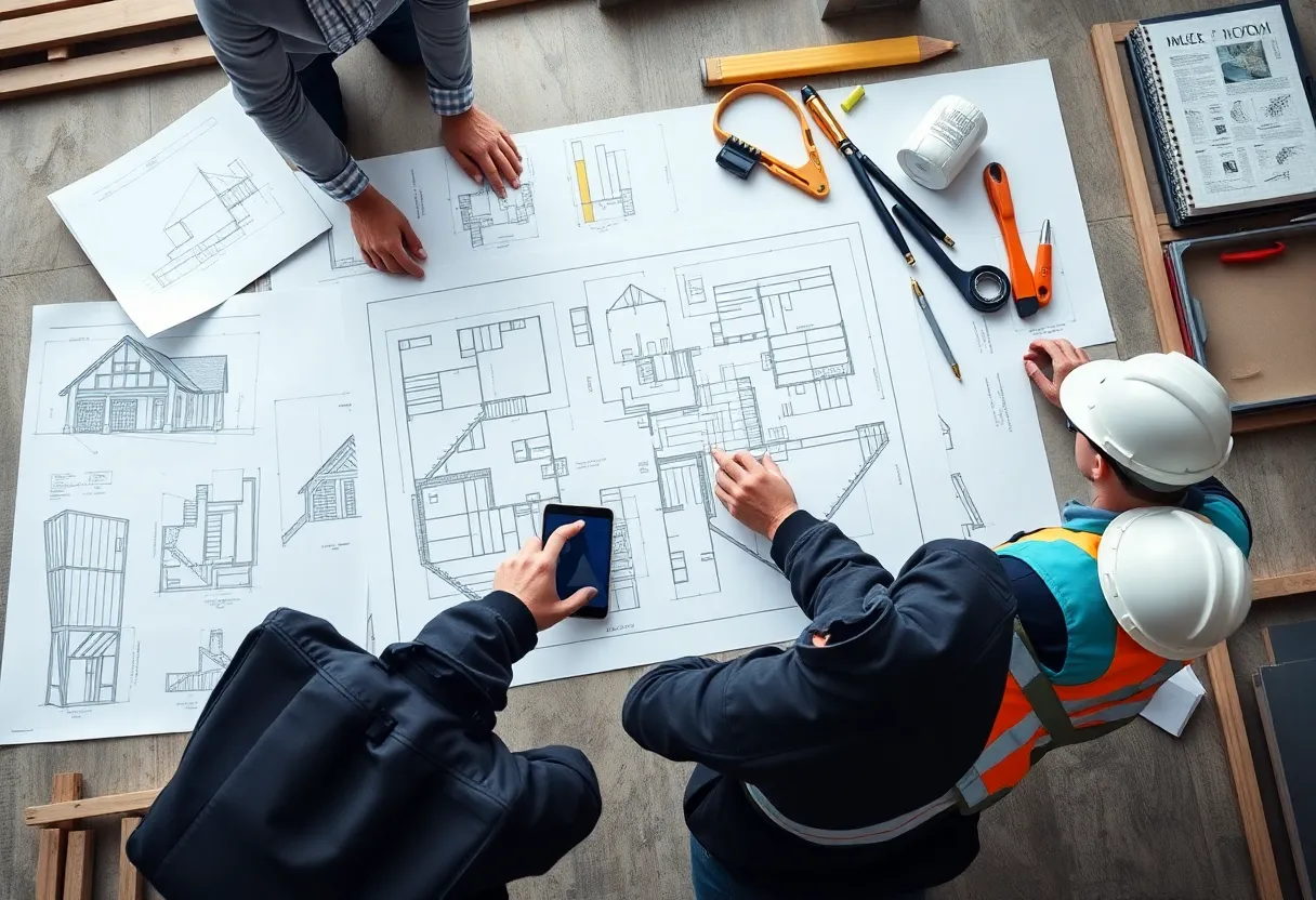 Construction workers collaborating on architectural designs with blueprints and tools.