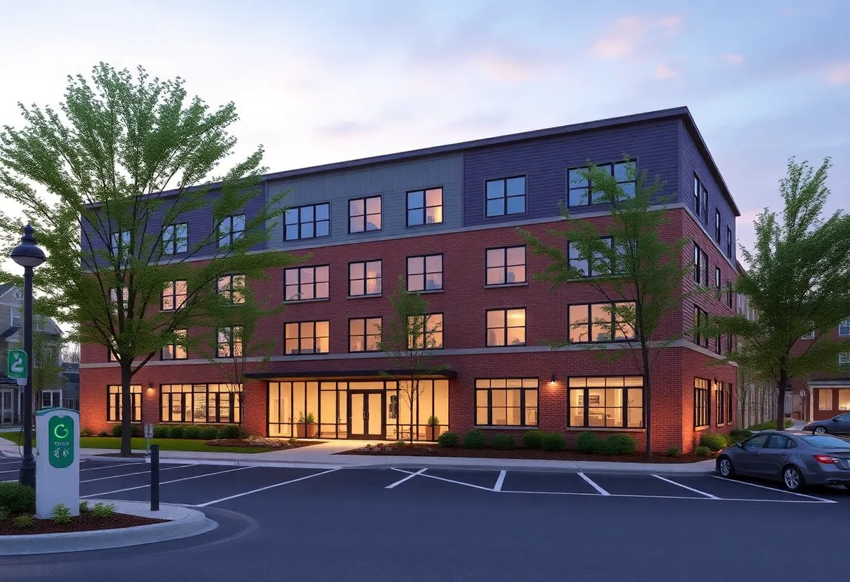 Four-story apartment building exterior with parking and an electric bicycle charging station in a small town center.