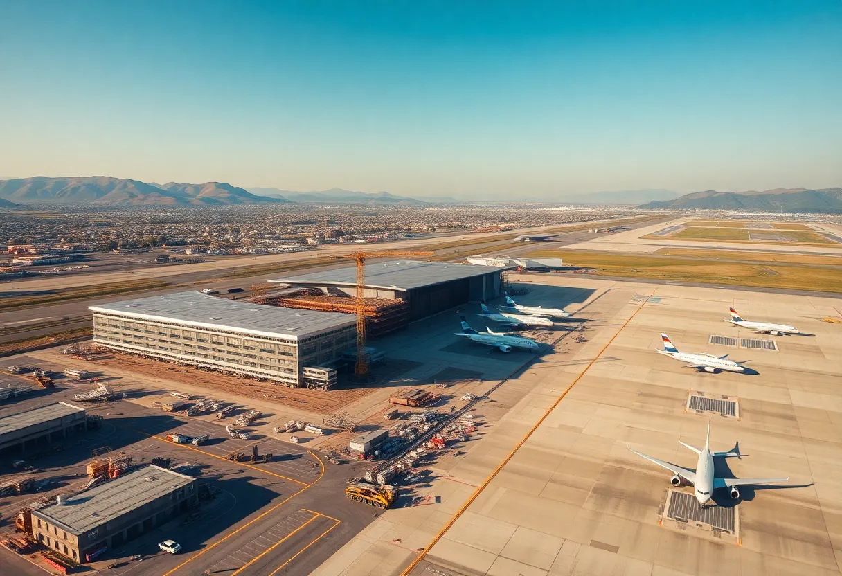 Aerial view of Boise Airport terminal with construction staging, cranes and a new concourse extension